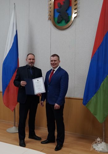 Представитель пресс-службы территориального управления Росгвардии награждён благодарственным письмом Главы Республики Карелия 